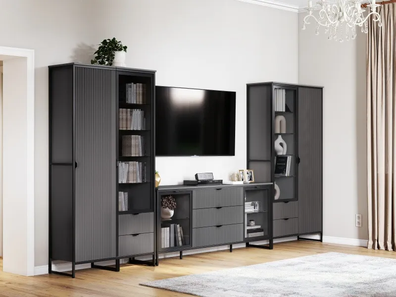 Тумба 2 дв 3 ящ "Нора" гостиная со стеклянными дверями Графит